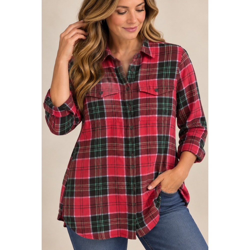 Duluth Trading Co Womens Red Plaid Free Swingin Flannel Tunic Shirt XS
